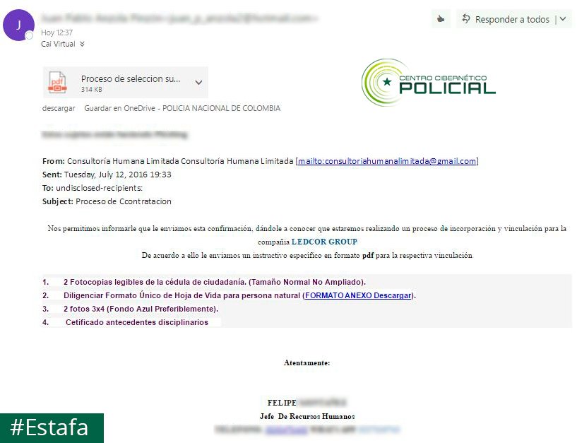 CaiVirtual's tweet photo. ¡Alerta! #Estafa Ciberdelincuentes envían falsas ofertas de empleo suplantando a la compañía @LedcorGroup https://t.co/3tKUAYbsKv