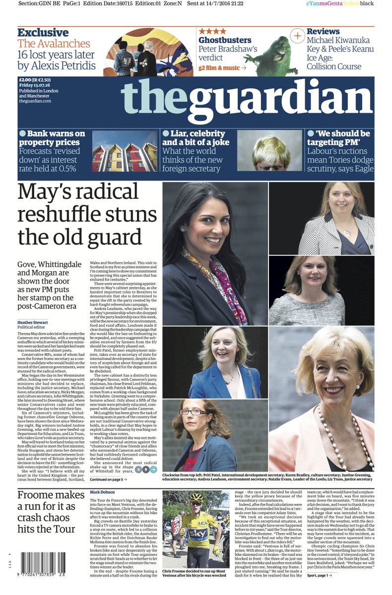guardiannews's tweet photo. Guardian front page, Friday 15 July 2016: May’s radical reshuffle stuns the old guard https://t.co/KOmt0IcVmO