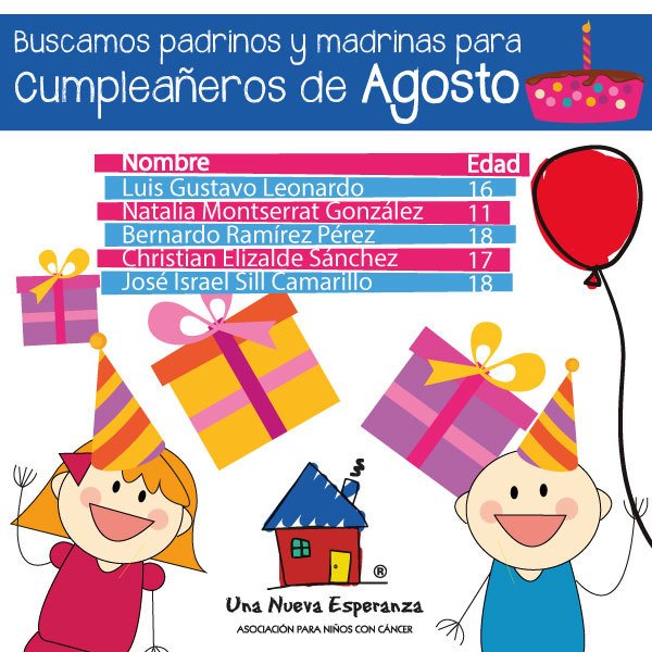UNEABP_MX's tweet photo. Buscamos padrinos para cumpleañeros de AGOSTO
Envía un mail: apsicologica@unanuevaesperanza.mx
convivio: 5 de agosto https://t.co/dNv3ULpYE5