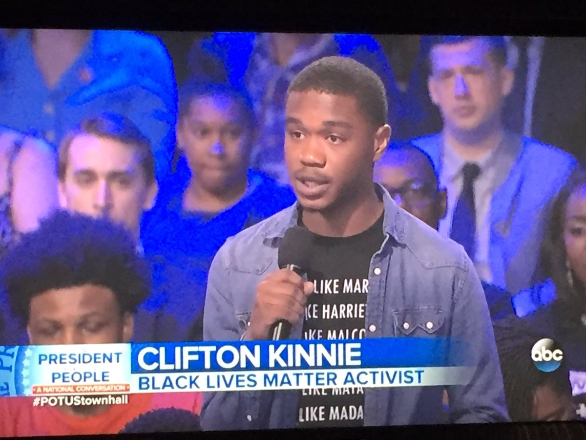 TheHilltopHU's tweet photo. .@HowardU Sophomore @CliftonKinnie asks @POTUS a question during #POTUSTownHall on @ABCNews. https://t.co/B8CWwcvkC5