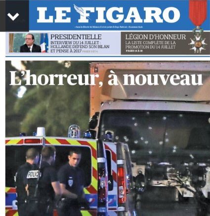 jenanmoussa's tweet photo. Front pages of tomorrow's French papers 'Horror again' &amp; 'Horror in #Nice'. @akhbar https://t.co/HnZleaczYR