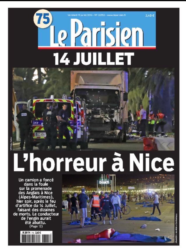 jenanmoussa's tweet photo. Front pages of tomorrow's French papers 'Horror again' &amp; 'Horror in #Nice'. @akhbar https://t.co/HnZleaczYR