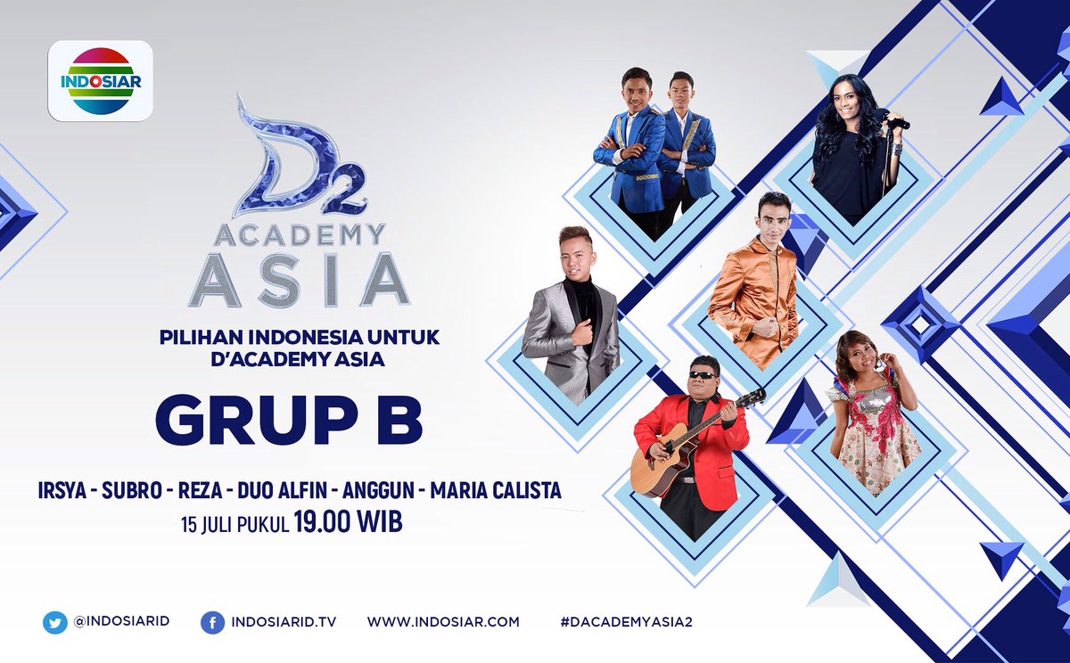 Indosiar's tweet photo. Siapa pilihanmu untuk #DAcademyAsia2 di grup B? Yuk dukung dan nonton malam ini pkl 19.00 WIB. https://t.co/odJxWm7iJb