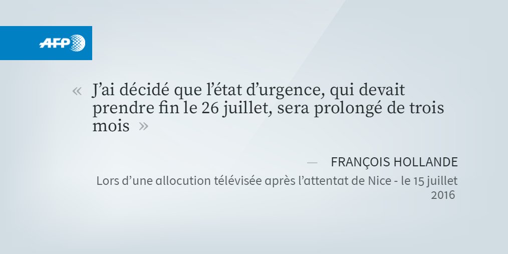 Attentat à #Nice: Hollande annonce une prolongation de l'état d'urgence #AFP