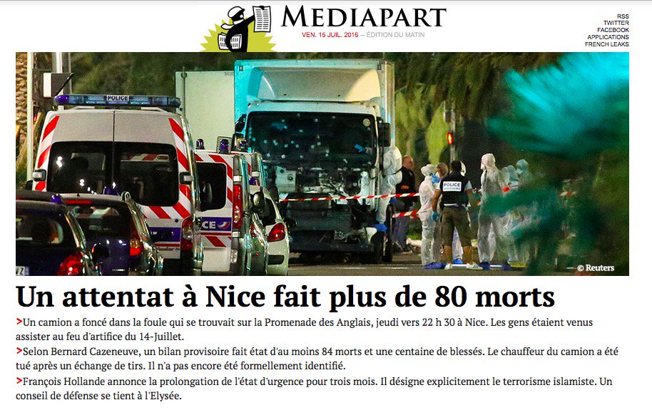 Mediapart's tweet photo. Un attentat à Nice fait plus de 80 morts https://t.co/4jjbhtATMM https://t.co/xxnsSCxNF8
