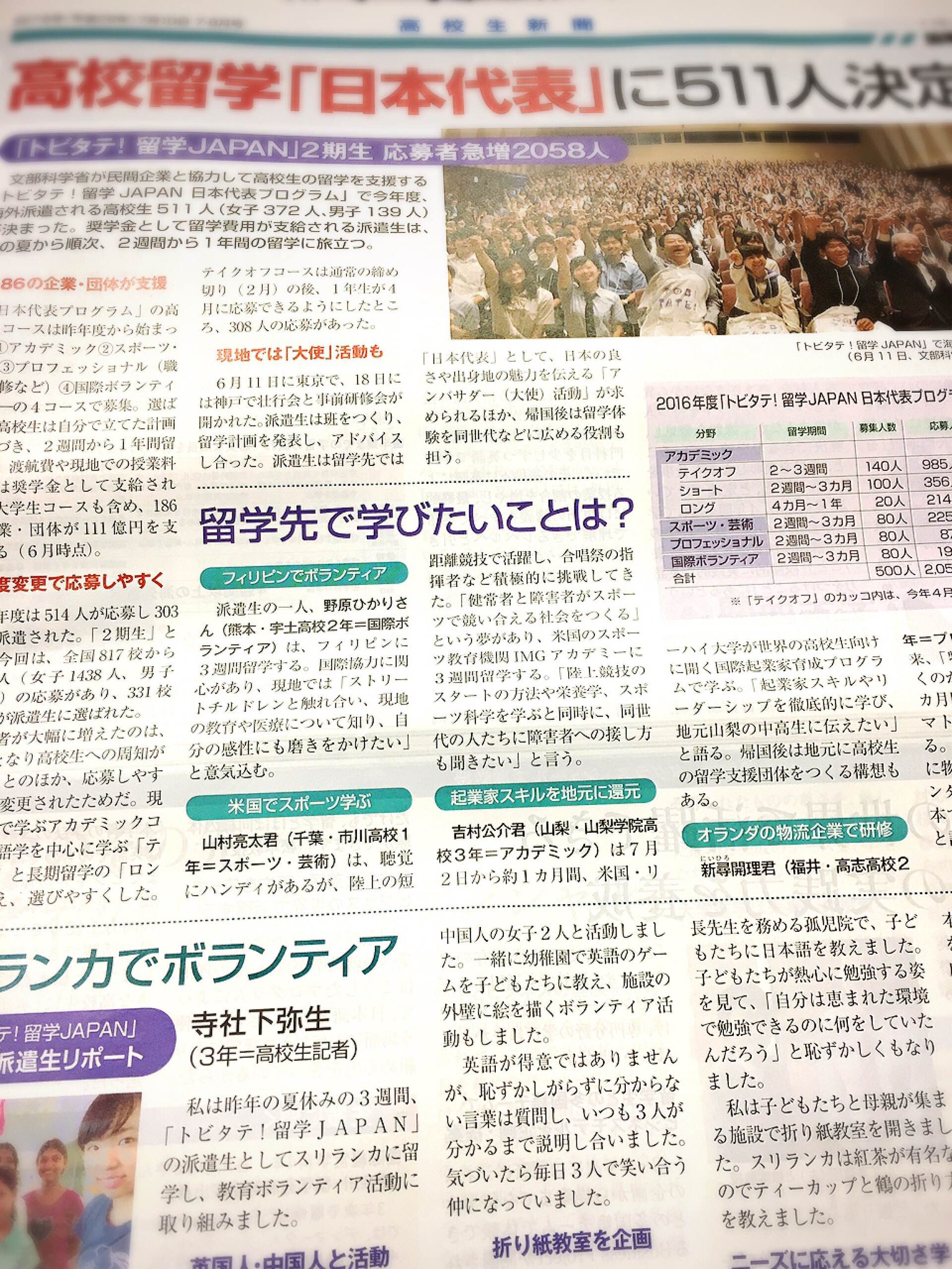 トビタテ 留学japan A Twitteren メディア掲載 4倍の倍率をくぐり抜けて合格した第2期派遣留学生の意気込みや壮行会の様子 第1期生の体験談などを高校生新聞で大きく御紹介いただきました T Co R7gjni9prh トビタテ 高校生留学