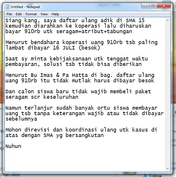 Daftar ulang SMAN 15 Bandung wajib beli seragam 910rb tanpa kebijaksanaan tenggat pembayaran. Mohon dibantu kang
