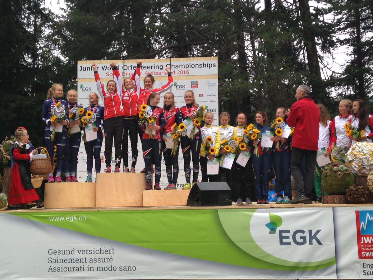 JWOC2016's tweet photo. Podium of today's W20 relay, 2. FIN, 1. SUI, 3. NOR, 4. SWE, 5. GBR, 6. HUN at #jwoc2016 https://t.co/h7qgKIdZOi