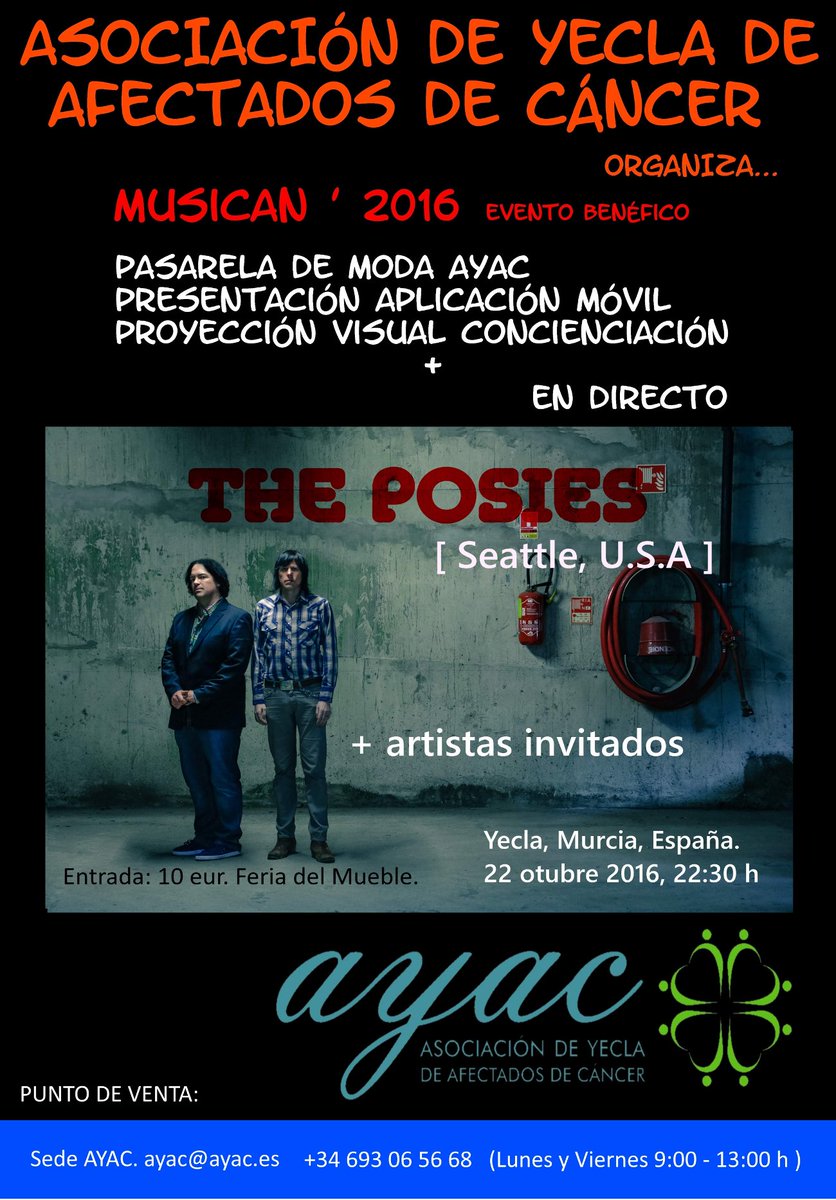 AYACYecla's tweet photo. ¡No puedes perderte nuestra jornada benéfica a favor de AYAC el próximo 22 de octubre con concierto de @theposies! 😃 https://t.co/R4cs0dmI7f