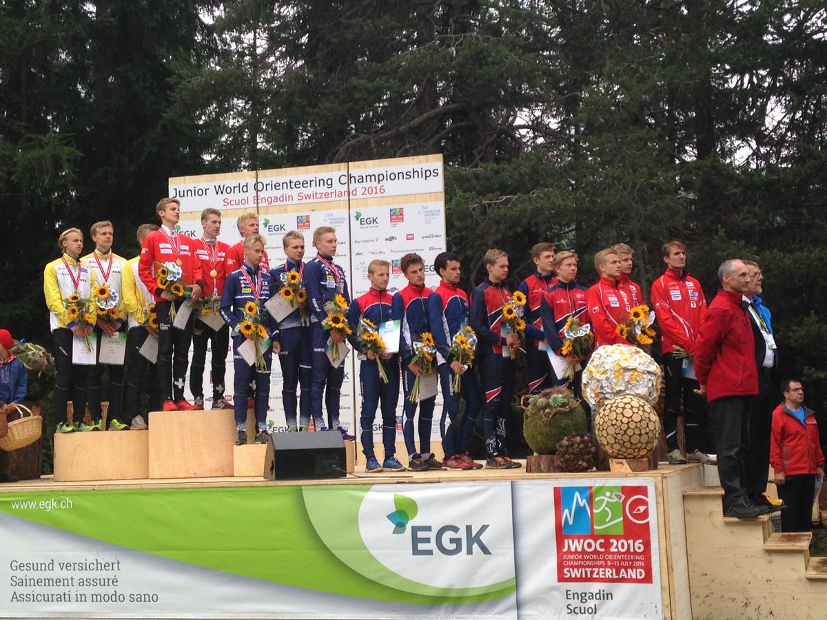 JWOC2016's tweet photo. The M20's podium at the #jwoc2016 relay (2. SWE, 1. SUI, 3. FIN, 4. FRA, 5. NOR, 6. CZE) https://t.co/4izGMenB0u