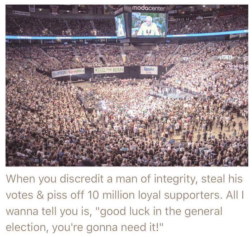 When u discredit a man of integrity, steal his votes, &amp; anger 10mill supporters... all I can say is good luck in GE!
