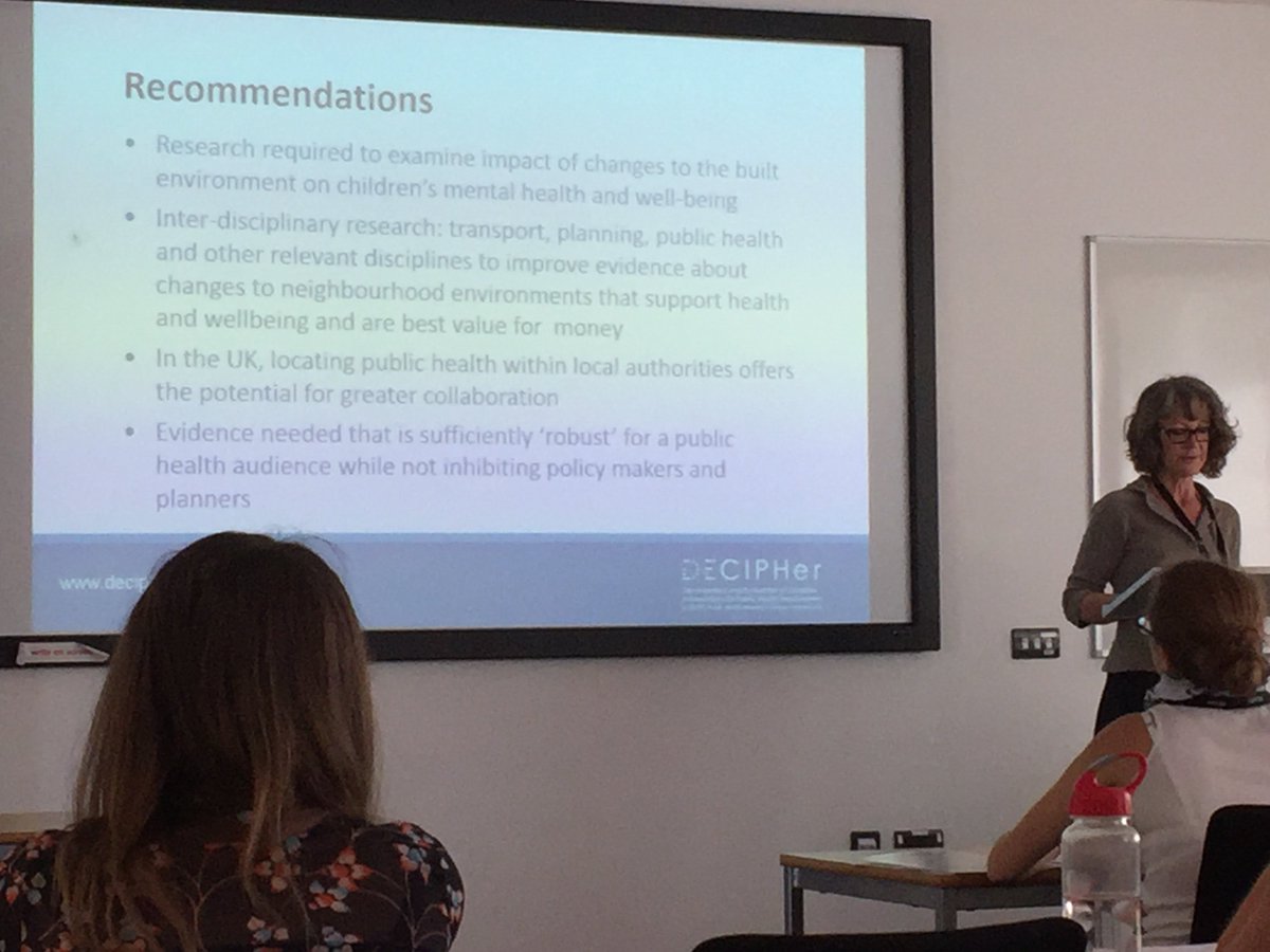 Suzanne Audrey of .@DECIPHerCentre talks about interventions changing built environment w young people #ukcrc16