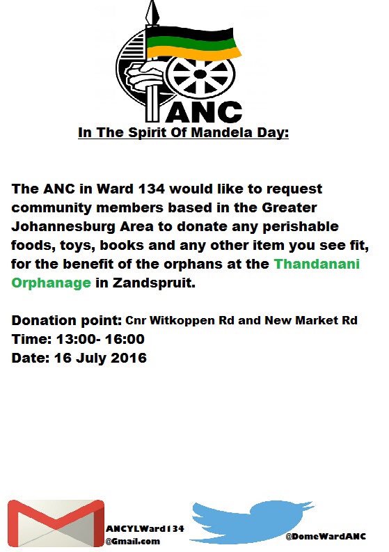 DomeWardANC's tweet photo. A friendly reminder for Mandela Day https://t.co/N5tsoOLYff