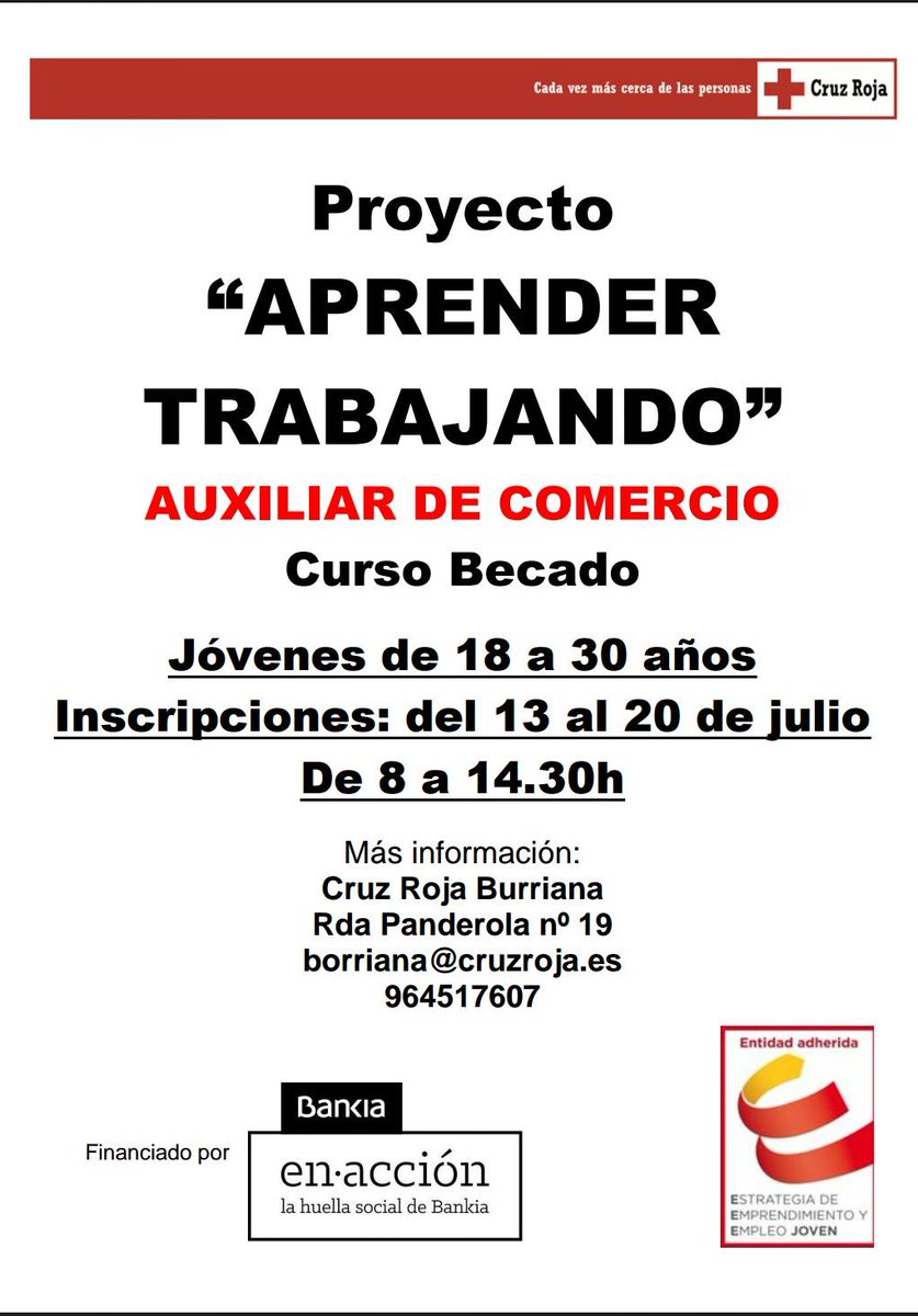Cruz Roja, junto con Bankia, inician en Burriana el proyecto “Aprender Trabajando” curso de Auxiliar de Comercio.