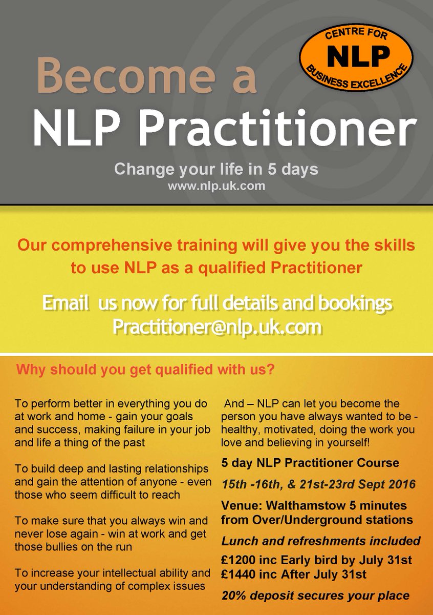 NLPBob's tweet image. NLP PRACTITIONER FAST TRACK COURSE
Full details on nlp.uk.com  and see attached flyer