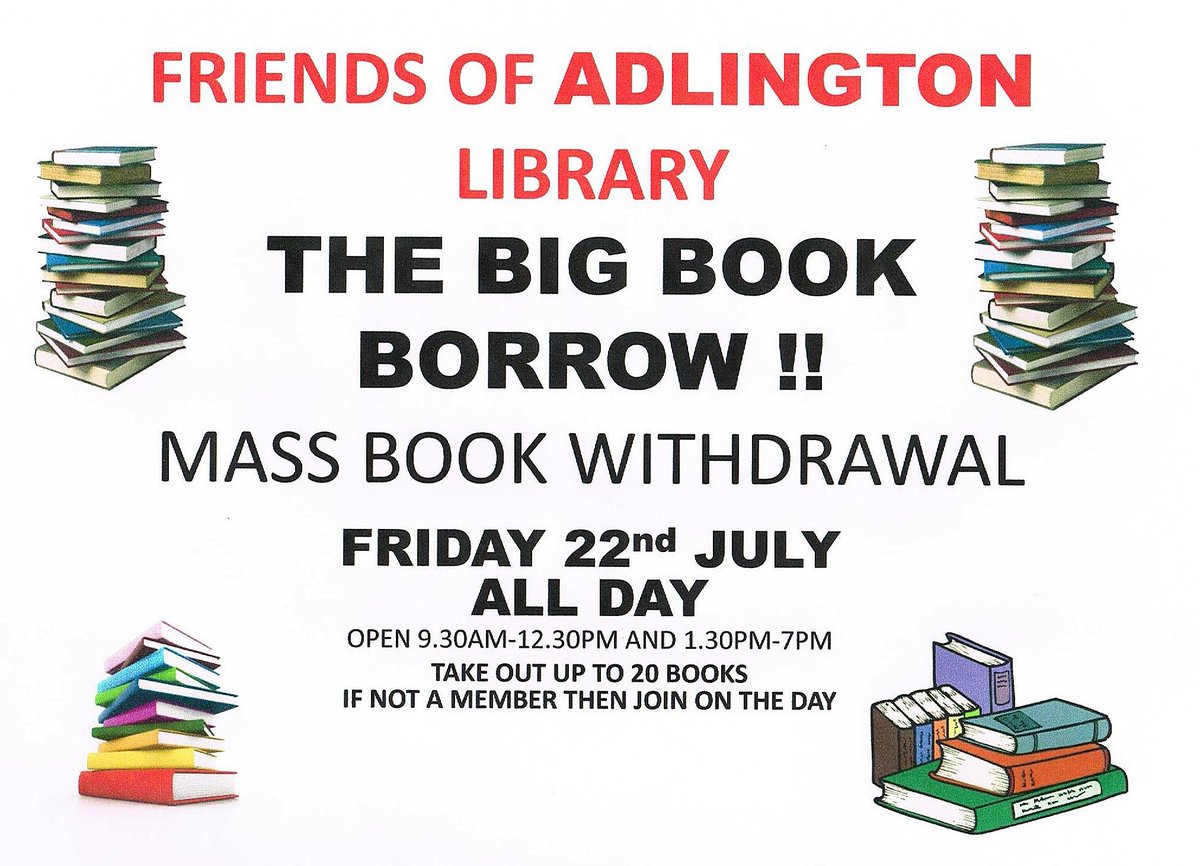 SaveAdlLibrary's tweet image. Big Book Borrow is on Friday 22nd July...All Day. Take out up to 20  books..as many as you can carry. Please Share