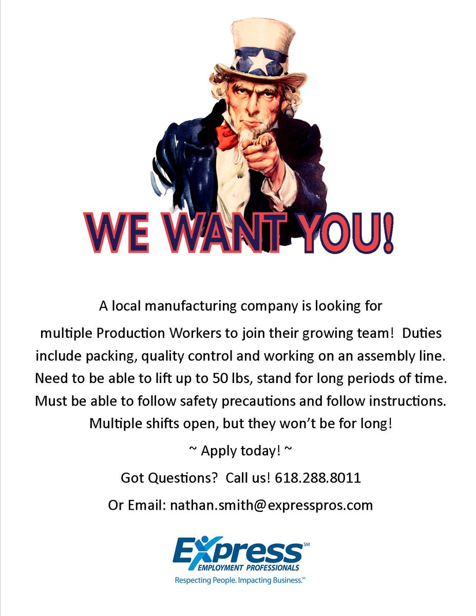 ExpressEdwFH's tweet image. We has many openings! Apply online at: expresspros.com 
Submit application to Edwardsville &amp;amp; Fairview Height
