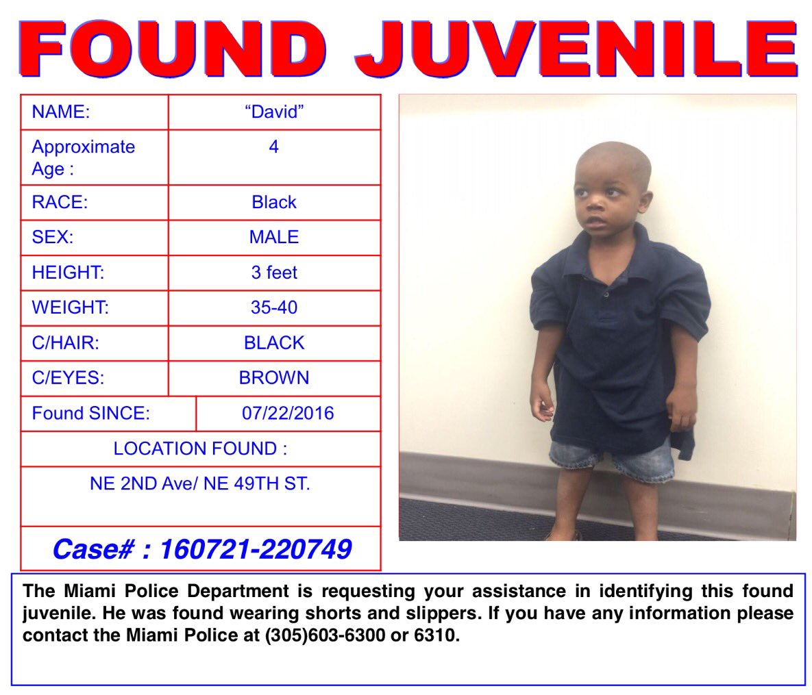 MiamiPD's tweet image. Help us locate David's parents. Child was located in the area of NE 2 Ave &amp;amp; 49 St. Please RT.