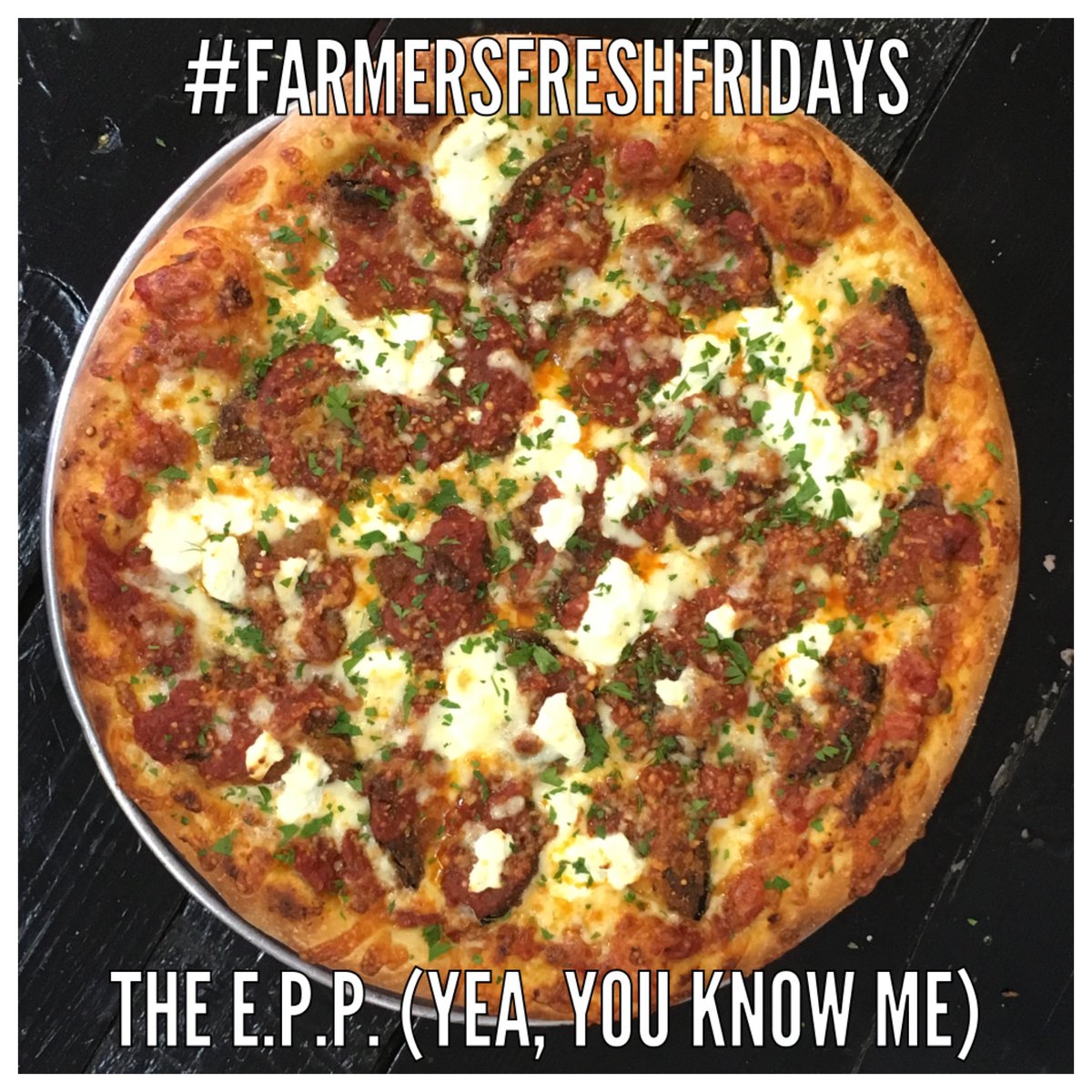 YolisCucina's tweet photo. #FarmersFreshFridays "The E.P.P." Eggplant Parmesan on a pie? Yes, please. #YouDownWithEPP #wefeedyoulikefamily https://t.co/bvJFambCQx