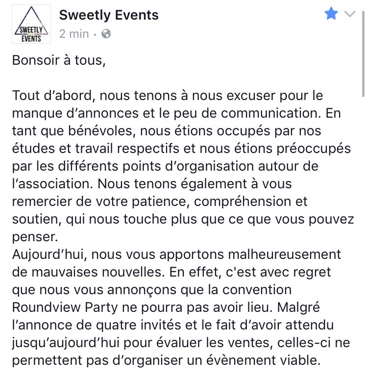 FrConventions's tweet photo. Annulation de la #RoundviewParty de @SweetlyEvents https://t.co/yryLL1N0mG