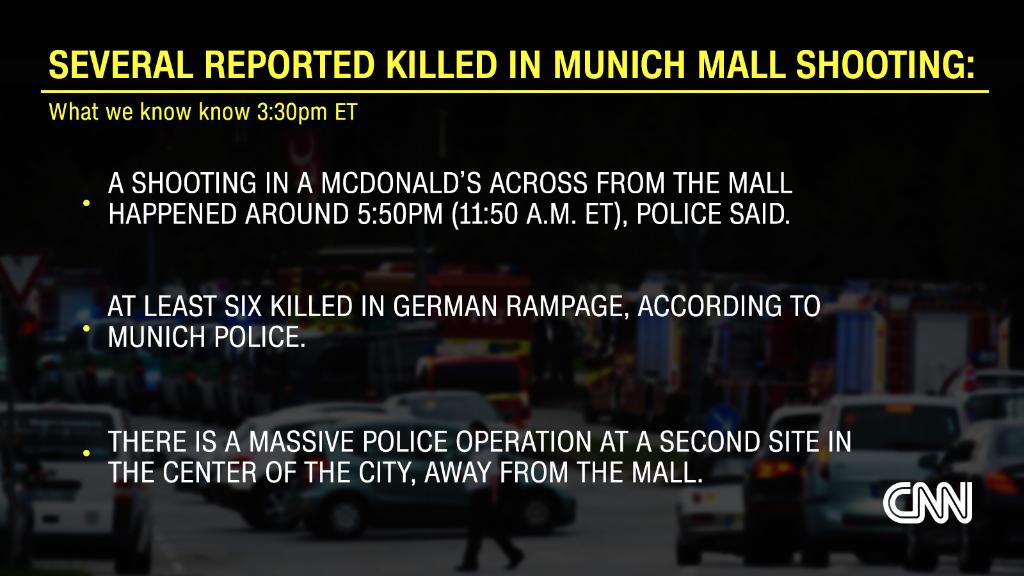 CNN's tweet photo. UPDATE: Police now say at least 6 people were killed in Munich shooting. What we know so far https://t.co/IOPvRcIPSK https://t.co/QJOneWSmzW