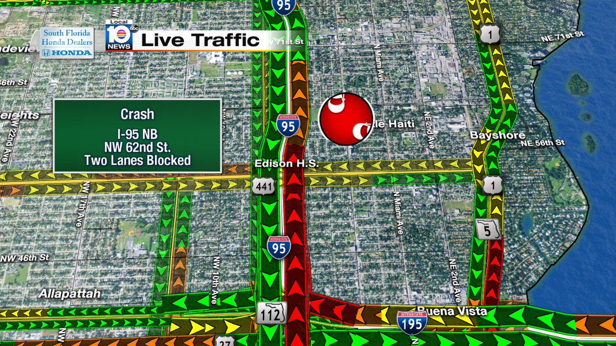 CRASH: I-95 NB & NW 62nd St. Two lanes are blocked. Expect heavy delays. #TRAFFIC #MIAMI https://t.co/aoQL4R1flB