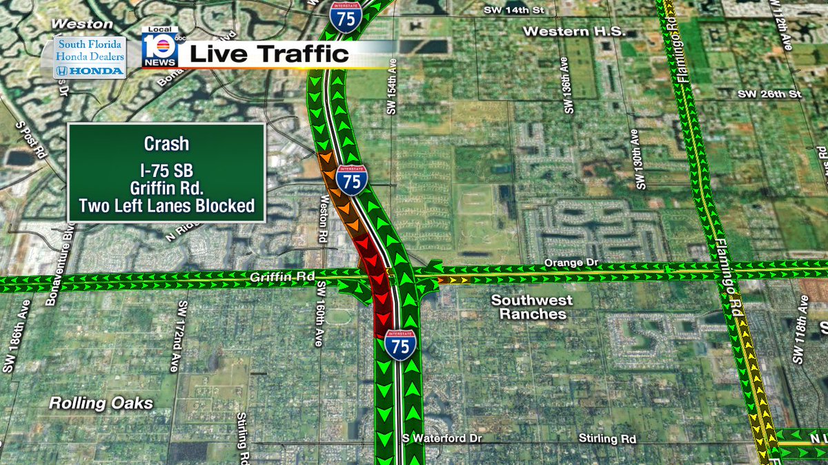 CRASH: I-75 SB & Griffin Rd. Two lanes are blocked. Expect delays. #TRAFFIC https://t.co/H8h9TQK5Lg