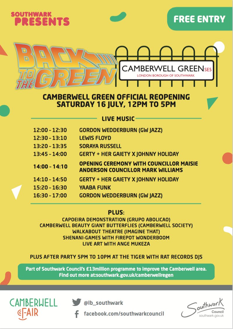 Camberwell Fair (@camberwellfair) on Twitter photo TOMORROW we head #BackToTheGreen 12-5pm with <a href="/YaabaFunk/">Yaaba Funk</a> <a href="/LewisFloydHenry/">Lewis Floyd Henry</a> @Soraya_Russell #London #Camberwell TOMORROW we head #BackToTheGreen 12-5pm with <a href="/YaabaFunk/">Yaaba Funk</a> <a href="/LewisFloydHenry/">Lewis Floyd Henry</a> @Soraya_Russell #London #Camberwell