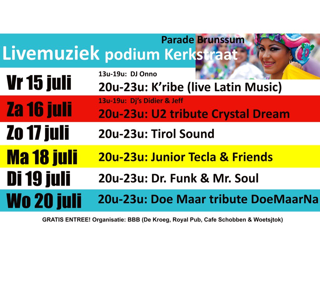 Woetsjtok's tweet photo. Het programma tijdens #worldfestivalparadebrunssum #paradebrunssum op de Kerkstraat: 6 avonden livemuziek! https://t.co/SUAK8ZGT0g