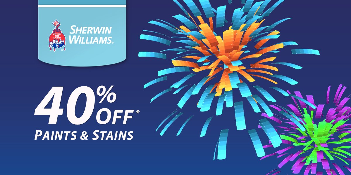 SherwinWilliams's tweet photo. Celebrate #150yearsofSW with 40% off* paints & stains! Visit any store today through Monday. https://t.co/OIschcOHgR https://t.co/KJtxUyS5jA