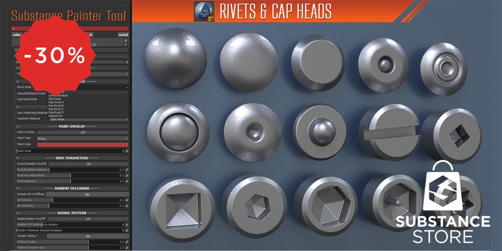Substance3D's tweet image. #SubstanceStore : 30 % off on Rivets &amp;amp; Caps Heads - goo.gl/i4VwqD