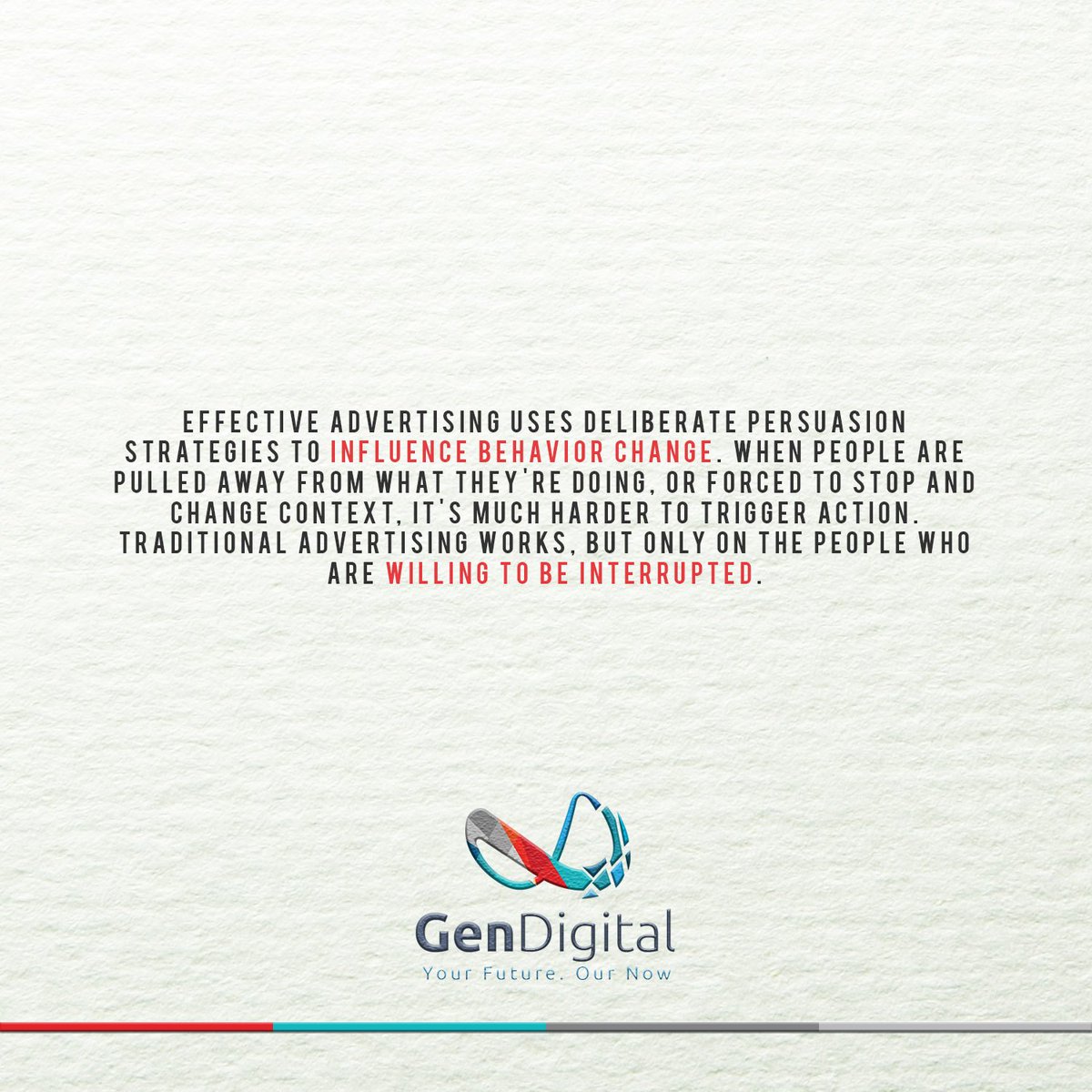GenDigital_'s tweet photo. Traditional advertising only works on those willing to be disrupted! #GenDigFact #Advertising #Strategy #traditions https://t.co/ZmJM7Nd721