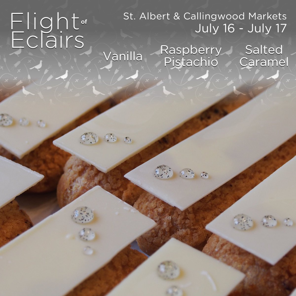prairiepigeon's tweet photo. Vanilla, raspberry-pistachio, salted caramel #eclairs at @StAlbertMarket and @CwoodMarketYeg this weekend! #yegfood https://t.co/uUPR7nhDEK