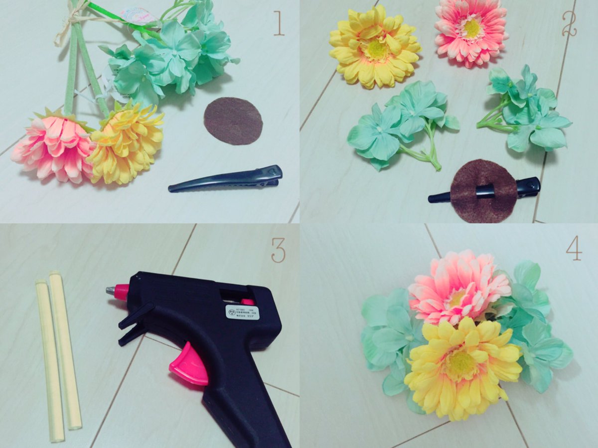 Y U K I N O 100均の造花とグルーガンとピンで浴衣着るときの髪飾り なかなか好みな色合いにできたぞい