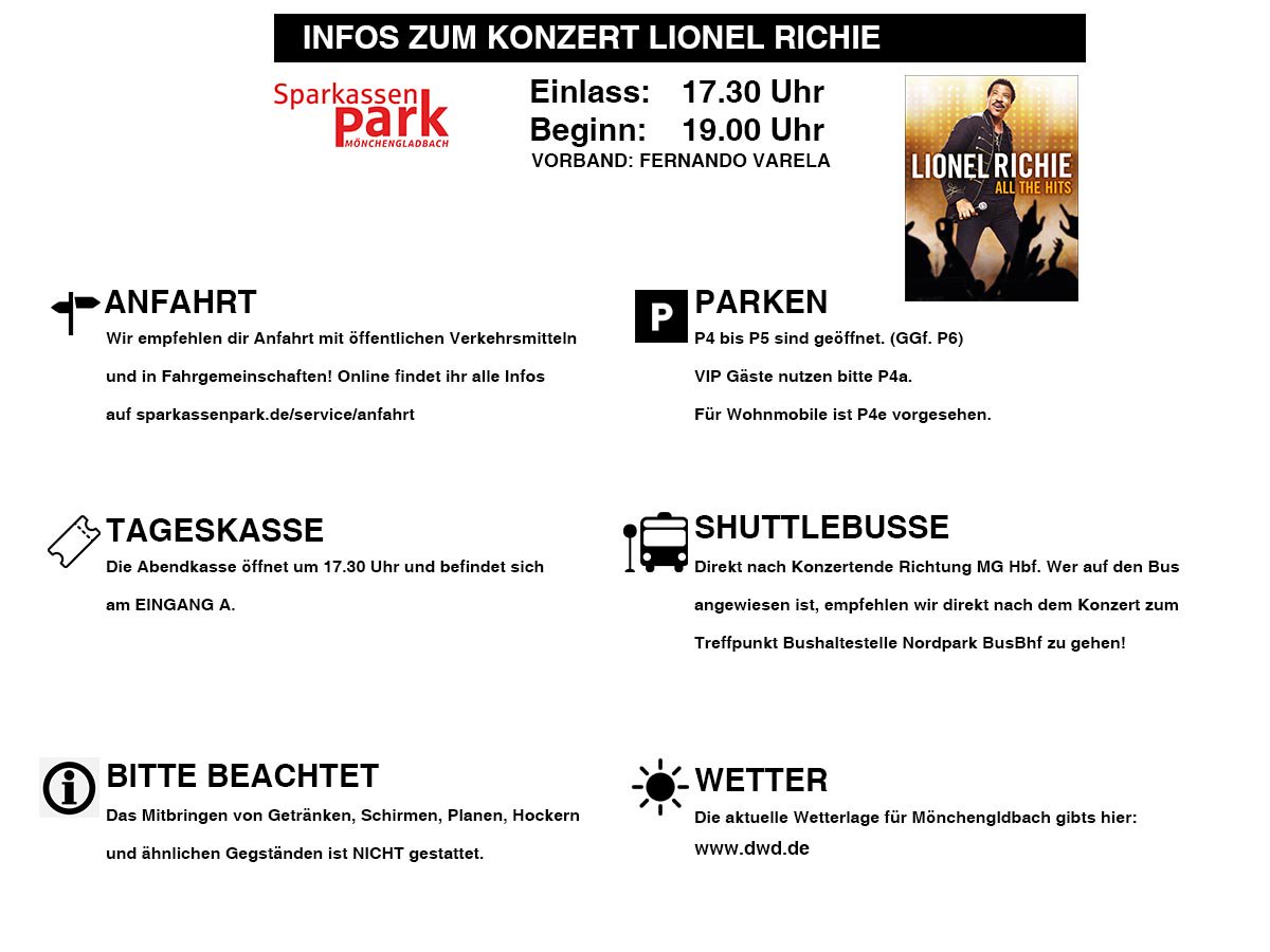 Hier noch die Infos zum Konzert morgen mit Lionel Richie