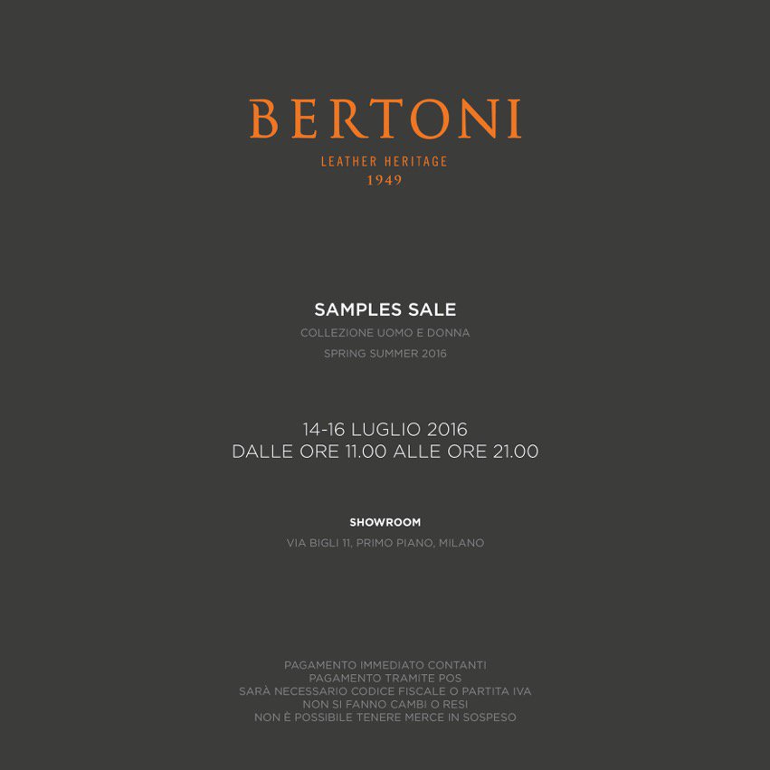 Bertoni1949's tweet photo. Come to visit our #showroom in #Milan for an exclusive #SamplesSale of our #SS16 Collection. Open until tomorrow. https://t.co/kzxNjcphdy