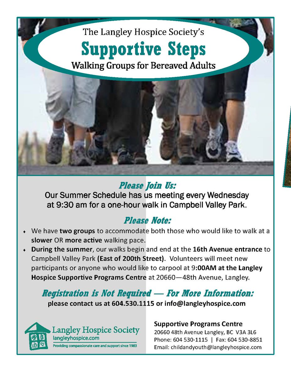 LangleyHospice's tweet photo. Our #SupportiveSteps #WalkingGroup is on their #SummerSchedule meeting Wed AM at #CampbellValleyPark Info Attached https://t.co/NRrTirUbgd
