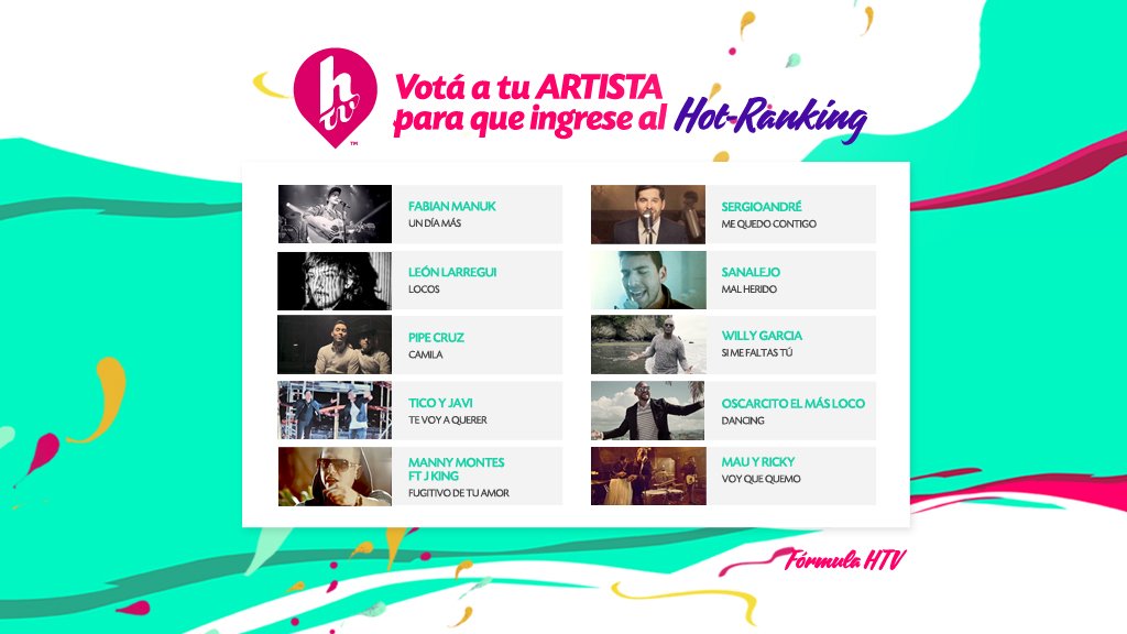 HTVMusica's tweet photo. ¡Se larga la nueva #FórmulaHTV de la semana! Estos artistas quieren ingresar al #HotRanking ✌💃 https://t.co/lD5Zk7puJD