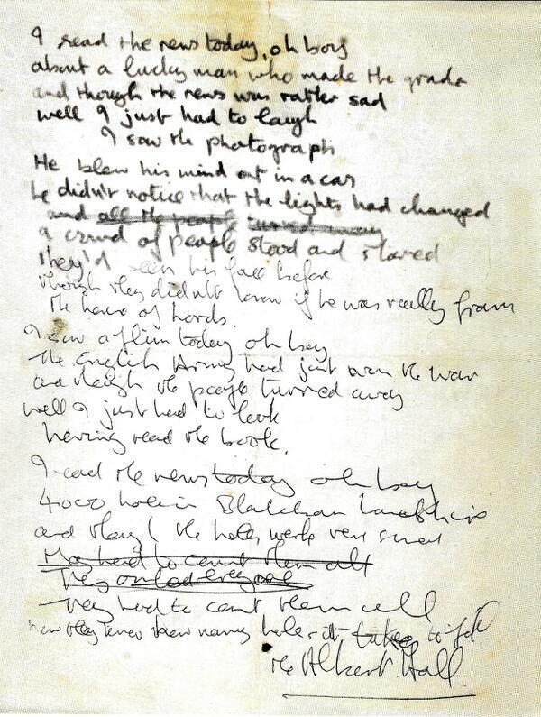 HistoryInPics's tweet image. John Lennon's original lyrics for 'A Day in the Life,' 1967.