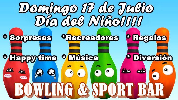 FabioMarra's tweet photo. Ven a disfrutar del Día del Niño aquí... En el Bowling Sport Bar este Domingo! @ClubMonteclaro @rrpier https://t.co/UuDUnlq2YY