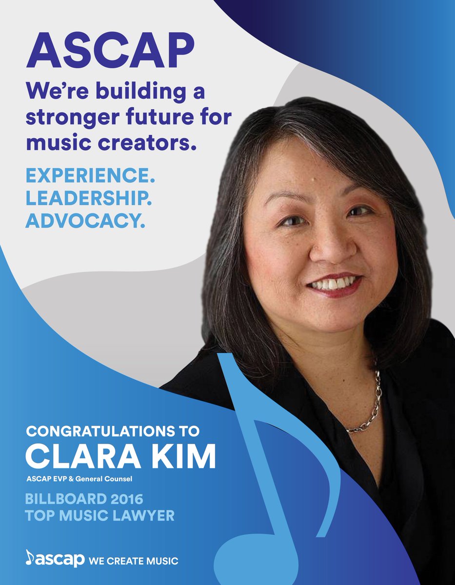 ASCAP's tweet photo. Congratulations to @ASCAP General Counsel Clara Kim for making @Billboard's Top Lawyer List https://t.co/hyMFnf0XIL https://t.co/imnECVMvUp