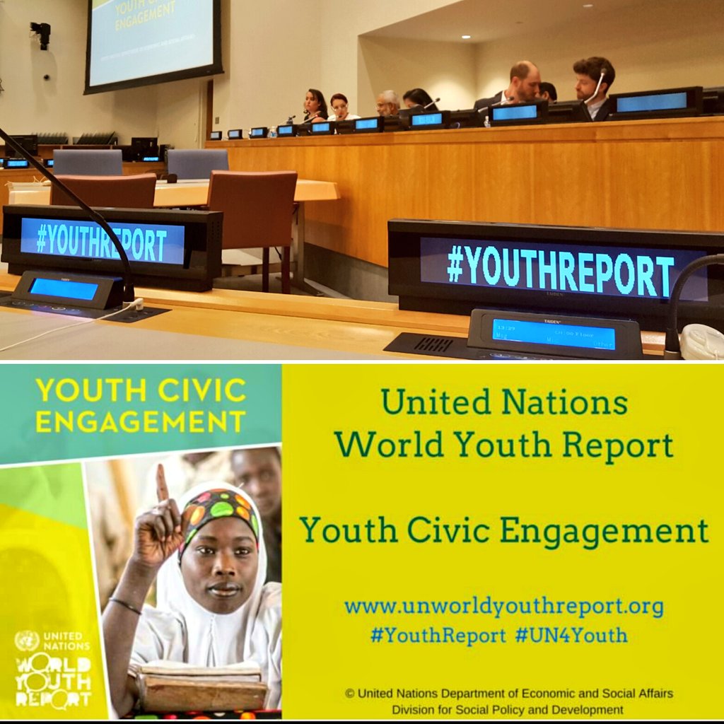 UNYouthAffairs's tweet photo. LIVE from @UN! Official launch of new #YouthReport on youth civic engagement https://t.co/KxzUbZgtRk #YouthSkills https://t.co/rgjX0d7IRw