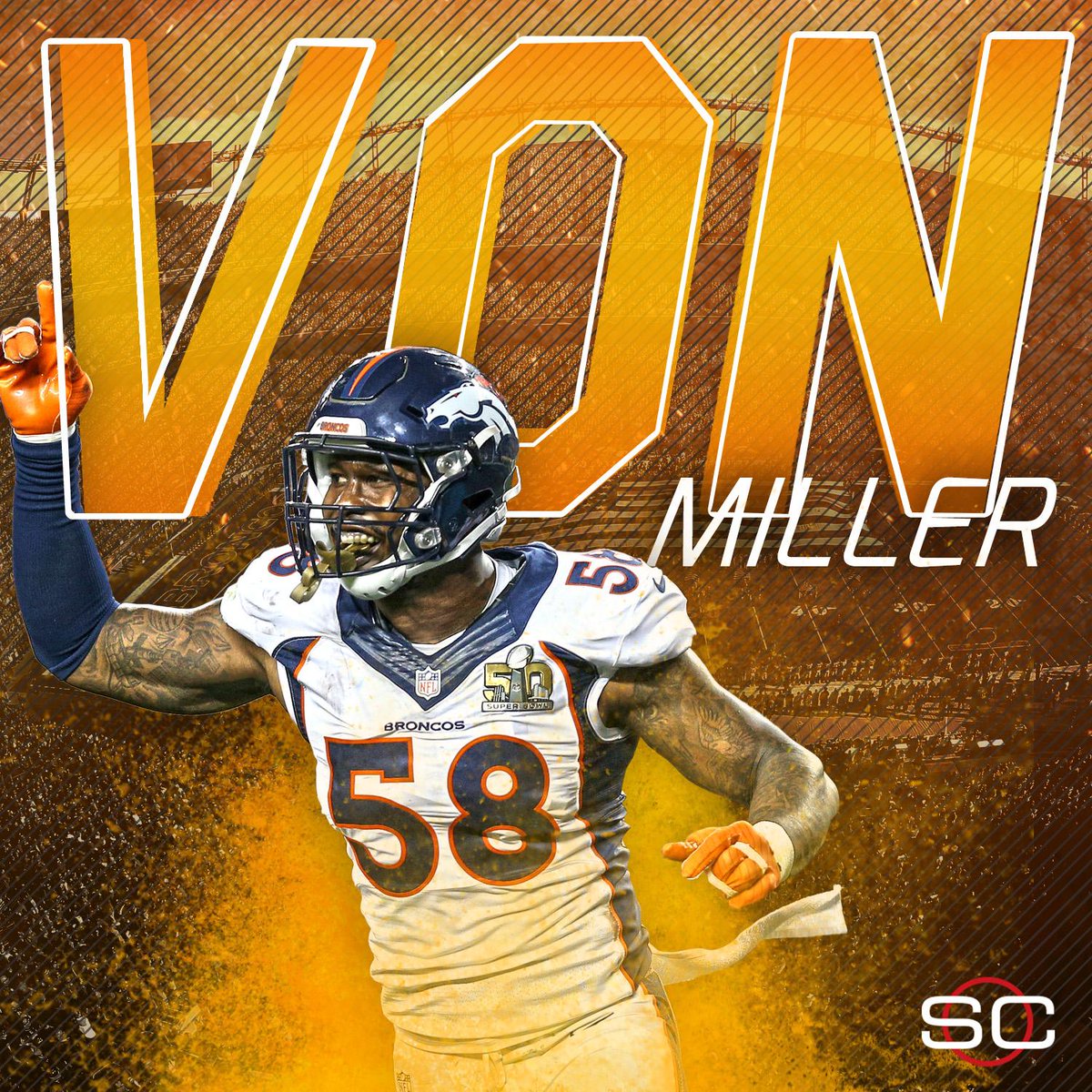 SportsCenter's tweet photo. THIS JUST IN: Von Miller &amp; Broncos agree to terms on six-year, $114.5M deal. (via @AdamSchefter &amp; multiple reports) https://t.co/hp23y3cfm5