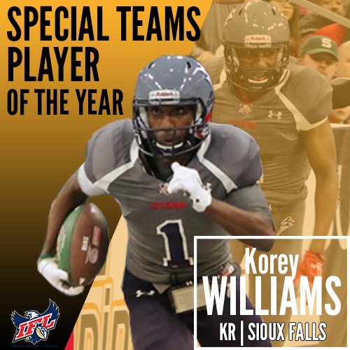 IndoorFL's tweet photo. KR Korey Williams of the @siouxfallsstorm is the 2016 IFL Special Teams Player of the Year! https://t.co/ox6Milc06H https://t.co/kw7obRTVGi