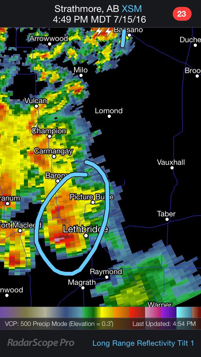 DANGEROUS STORM at Lethbridge #yql Baseball Size Hail and wind gusts of 120km/h take cover #abstorm