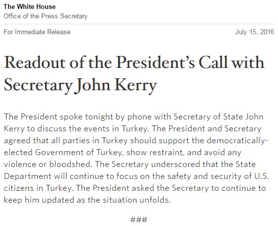 ABDTurk's tweet photo. Readout of @POTUS' call with @JohnKerry concerning the events in #Turkey https://t.co/ruQ3iuXgYH https://t.co/OwfCYdF4uH