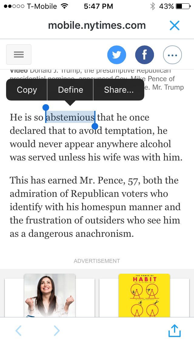 brianhuze's tweet image. I♥️this feature that allows u to get the definition of a word as u read an article #abstemious #vocabulary #iphone