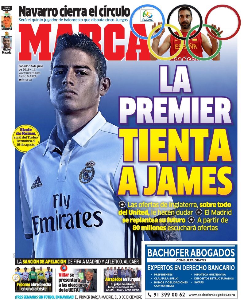 RMadridInfo's tweet photo. Marca's Cover: "The Premier League Tempts James." https://t.co/NHAXhhPnM3