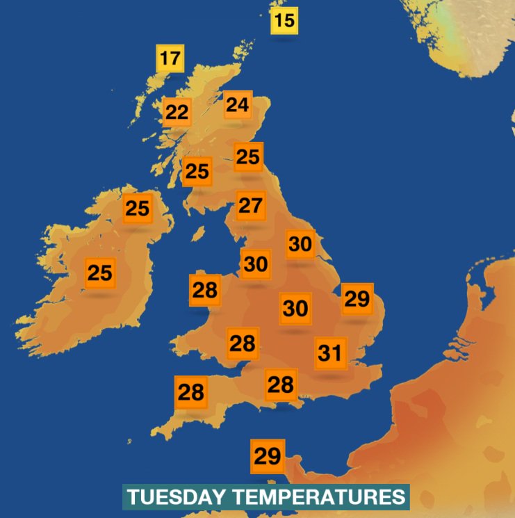 bbcweather's tweet photo. And it's not just Alex and I that are warming up - here are the potential highs for Tuesday... #hot #summer Matt https://t.co/jgmGKiFaxx