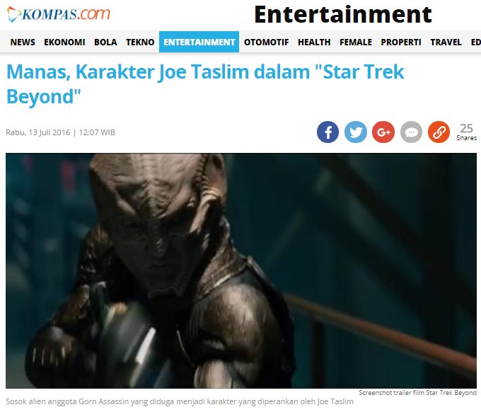 INDONESIAinLOVE's tweet photo. Satu2nya Orang Indonesia main di Film Star Trek Beyond, Joe Taslim berperan sebagai Alien bernama Manas, bukan Monas https://t.co/Zoh0U4qmbM